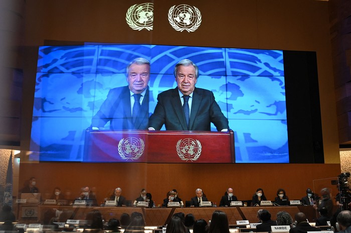 Antonio Guterres, secretario general de la ONU, durante su discurso, en la apertura de la sesión del Consejo de Derechos Humanos de la ONU, el 28 de febrero, en Ginebra. · Foto: Fabrice Coffrine, AFP