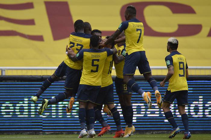Los jugadores de Ecuador, tras el gol de Robert Arboleda a Colombia, en el estadio Rodrigo Paz Delgado, en Quito.


 · Foto: Rodrigo Buendía, pool, AFP