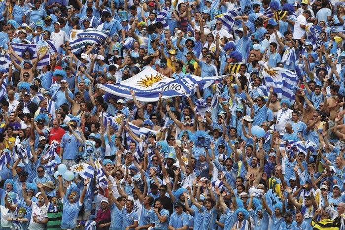 Hinchas uruguayos durante el partido Uruguay-Italia, en el estadio Arena das Dunas, en Natal, Brasil, el 24 de junio de 2014. Foto: Sandro Pereyra.