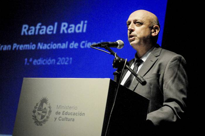 Rafael Radi durante el acto en el que recibió el Gran Premio Nacional de Ciencias, en la Sala Vaz Ferreira. · Foto: Javier Calvelo, adhocFOTOS