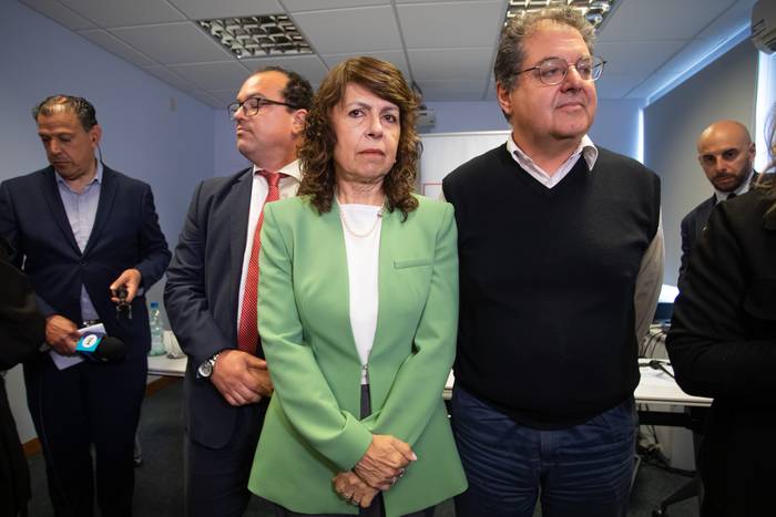 Blauco Rogríguez, Virginia Romero y Daniel Alza, en conferencia de prensa, el 24 de octubre de 2023. · Foto: Rodrigo Viera Amaral