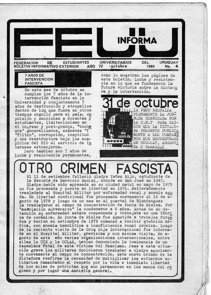 Publicación clandestina de la FEUU. Octubre de 1980