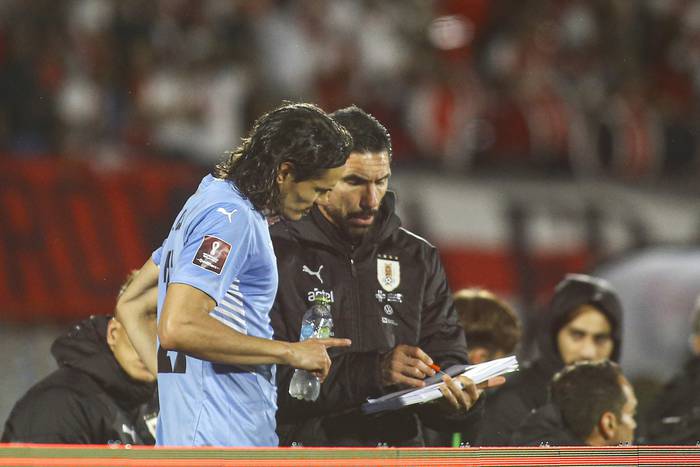 Edinson Cavani y Gabriel Raimondi, durante el partido Uruguay - Perú, el 24 de marzo en el estadio Centenario. · Foto: .