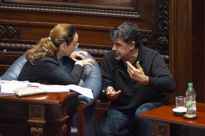 Carmen Sanguinetti y Oscar Andrade en la sesión del Senado donde se aprobó la ley sobre negociación colectiva, el 5 de mayo.