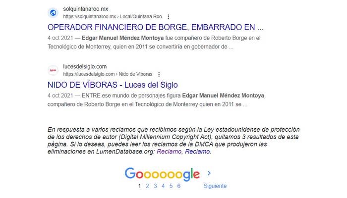 Mensaje al buscar "Edgar Manuel Méndez Montoya" en Google.