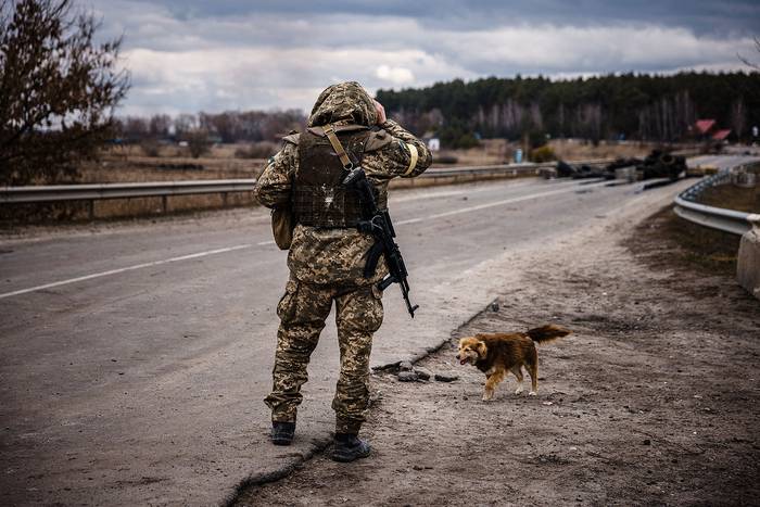 Militar ucraniano, el 6 de marzo, en una ruta al este del pueblo de Brovary, Ucrania. · Foto: Dimitar Dilkoff, AFP