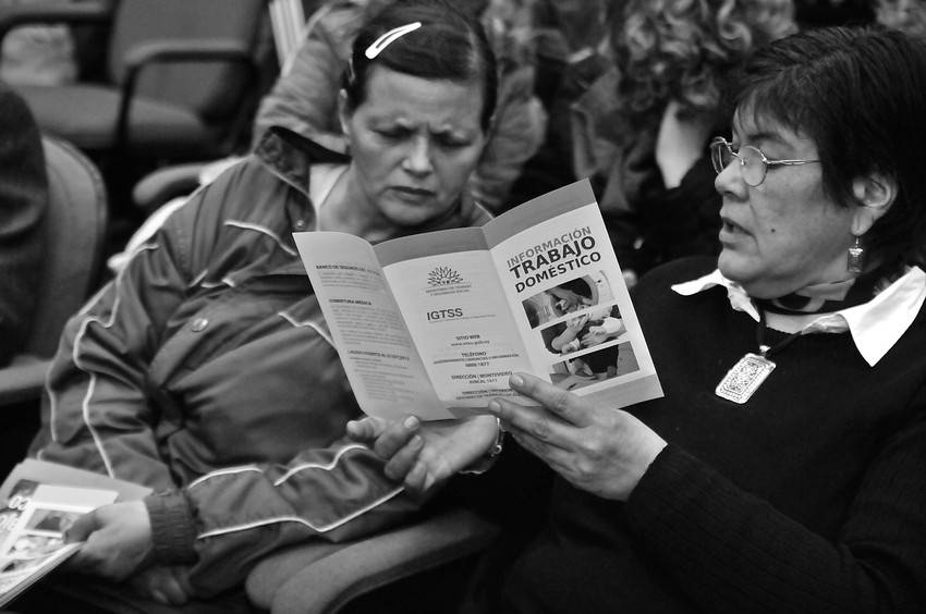 Actividad previa al Día Nacional de la Empleada Doméstica, ayer, en la sede del Banco de Previsión Social (BPS).