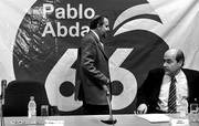 Jorge Saravia y Pablo Abdala, durante el lanzamiento de la lista 66 del Partido Nacional, ayer, en el edificio anexo del Palacio Legislativo.