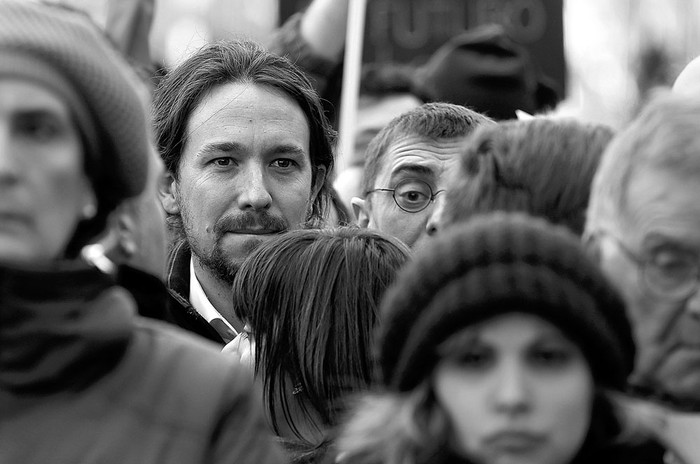 Pablo Iglesias, líder de Podemos, durante la "marcha del cambio", para advertir al gobierno que "empieza su cuenta atrás", el 31 de enero, en Madrid, España. Foto: Chema Moya, Efe