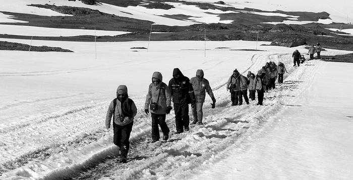 Docentes y estudiantes de la Escuela de Verano de Introducción a la Investigación Antártica de la Facultad de Ciencias, en la Base Artigas de la Antártida. Foto: Bettina Tassino