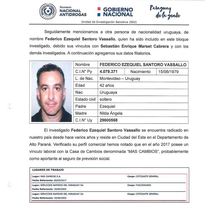 Federico Santoro Vassallo en documento de la investigación de la policía paraguaya.