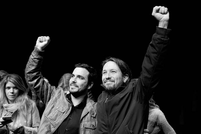 Alberto Garzón, de Izquierda Unida, y Pablo Iglesias, de Podemos, el lunes, en Madrid, España. Foto: Juan Carlos Lucas, Afp