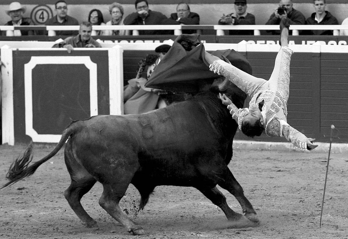 El novillero Rafael Tejada sufrió un revolcón y cayó herido gravemente al entrar a matar durante la lidia de su segundo oponente, en la novillada celebrada el domingo, en la localidad murciana de Cieza. / foto: efe, juan francisco moreno