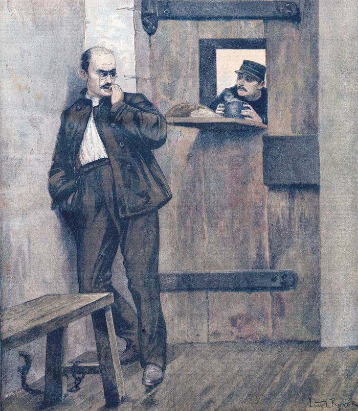 Alfred Dreyfus en prisión, en París, en 1895. Dibujo: Lionel Royer / _Le Petit Journal_, 20 de enero 1895