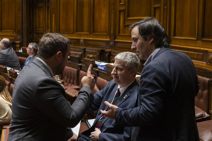 Sebastián Cal, Juan Martín Rodríguez y Conrado Rodríguez, en la Cámara de Diputados (14.08.2023). · Foto: Ernesto Ryan
