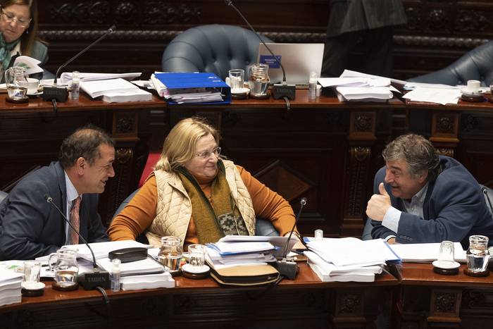 Sebastián da Silva, Graciela Bianchi y Sergio Botana, durante la sesión de la Rendición de Cuentas en el Senado (04.10.2023). · Foto: Alessandro Maradei