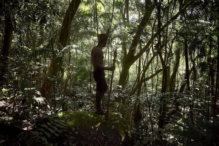 Todas las mañanas los más jóvenes, guiados por uno de los líderes se internan en la selva para verificar las trampas, Maquiné, Rio Grande do Sul, Brasil, 2016. · Foto: Pablo Albarenga