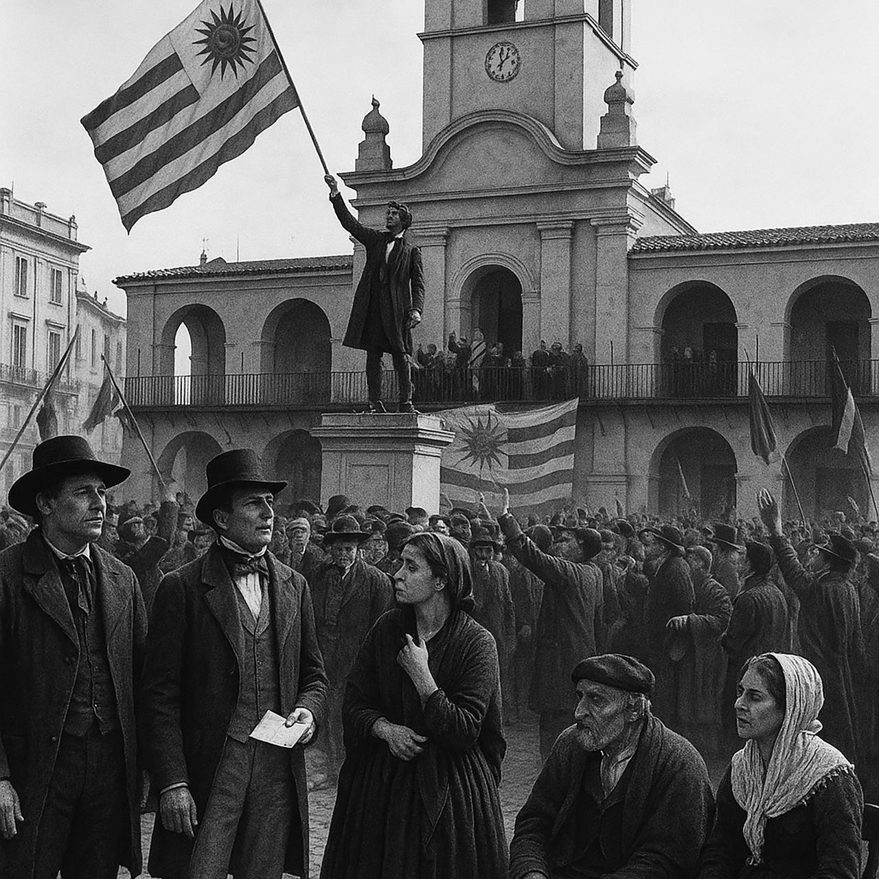 Imagen sintética creada en Sora en respuesta al texto: “Fotografía de la Jura de la constitución en Uruguay, 1830, basada en la obra de Juan Manuel Blanes y de Besnes e Irigoyen, con el estilo del fotógrafo Henri Cartier-Bresson”.