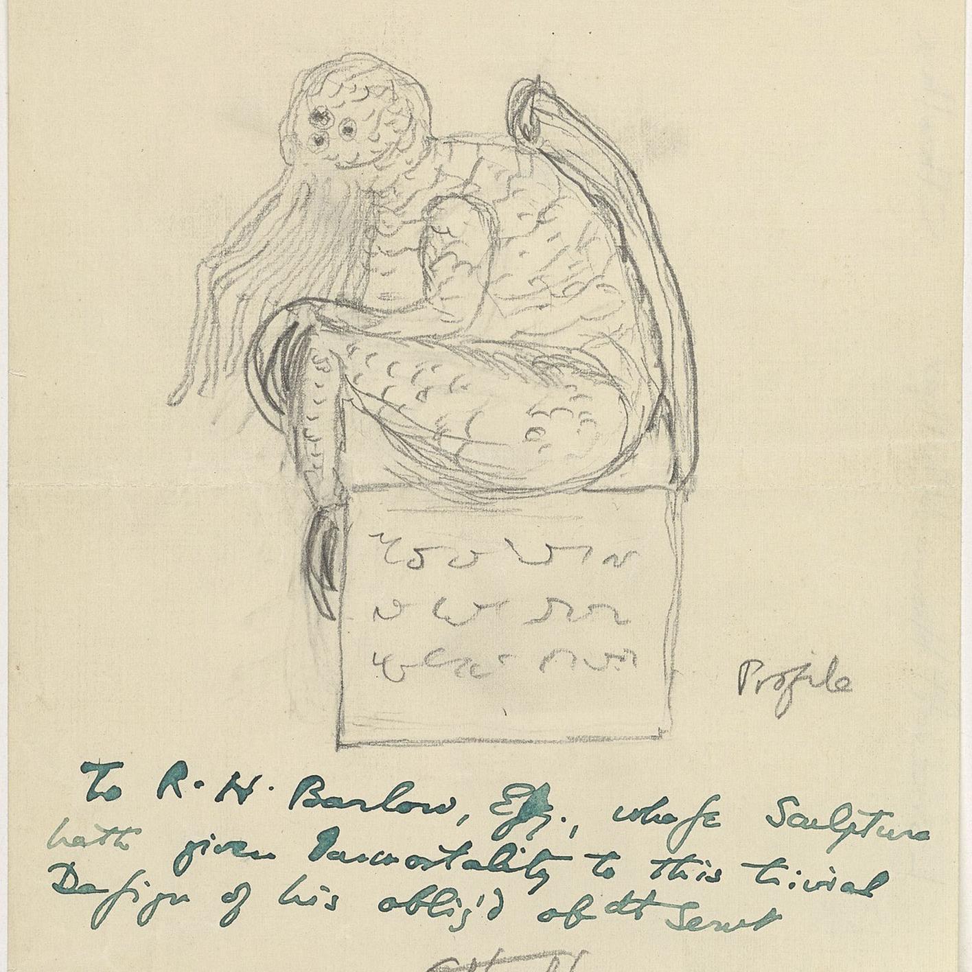 _La llamada de Cthulhu_. Bosquejo de Cthulhu, por Lovecraft, en 1934. Dibujo a lápiz de Cthulhu visto desde frente, en su parte posterior y de perfil. Brown Digital Repository. Brown University Library.