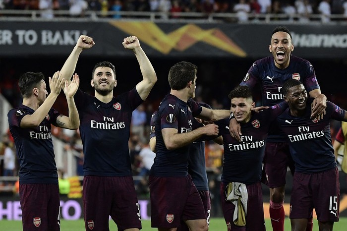 Los jugadores del Arsenal en el estadio de Mestalla, en Valencia. · Foto: Javier Soriano, AFP