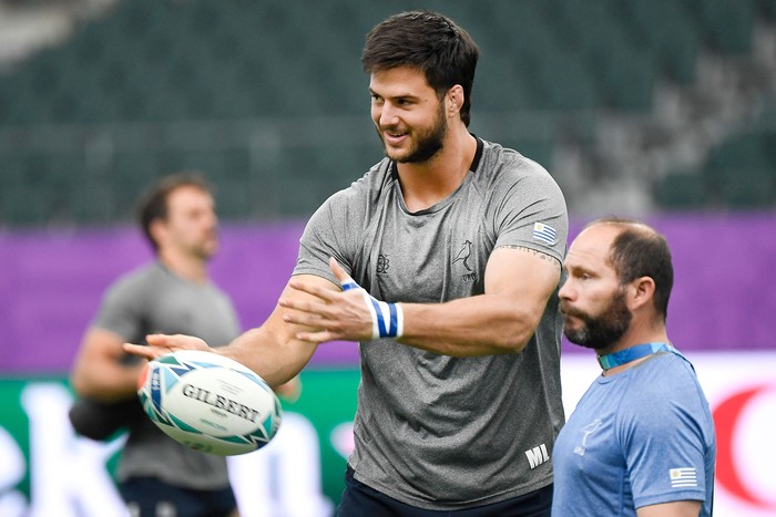 Agustín Della Corte (C), durante un entrenamiento, en el Estadio Oita, el 4 de octubre.
 · Foto: Christophe Simon, AFP