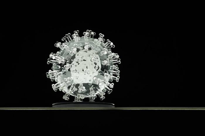 La escultura en vidrio titulada "Coronavirus-Covid-19", del artista británico Luke Jerram, muestra el virus un millón de veces más grande que sus dimensiones reales.  · Foto: Adrian Dennis, AFP