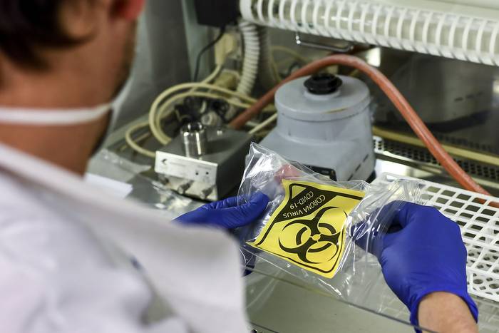 Técnico maneja una prueba de Covid-19 en el laboratorio de un hospital en Sint-Truiden, Bélgica, el 17 de abril.

 · Foto: Dirk Waem, AFP