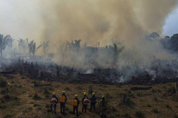 Bomberos y voluntarios combaten un incendio en la selva amazónica en Apui, el 21 de setiembre, en el sur del estado de Amazonas, Brasil · Foto: Michael Dantas, AFP