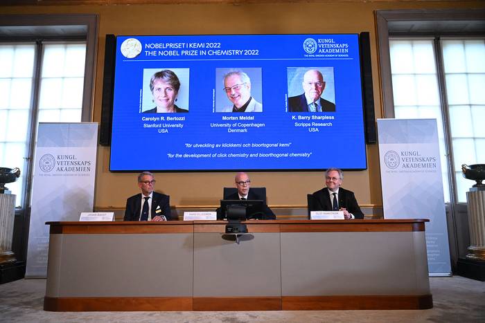 Los miembros del Comité Nobel de Química, Johan Aqvist, Hans Ellegren y a Olof Ramstrom, durante la conferencia de prensa para anunciar a los ganadores del Premio Nobel 2022 en Química, el 5 de octubre, en la Real Academia Sueca de Ciencias en Estocolmo. · Foto: Jonathan Nackstrand, AFP
