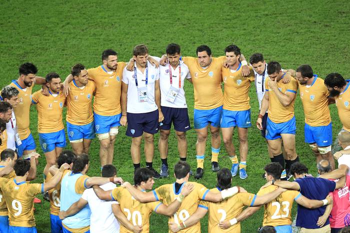 Los Teros, al finalizar el partido ante Italia en la Copa Mundial de Rugby Francia 2023, el 20 de setiembre, en el Stade de Nice en Niza. · Foto: Valery Hache, AFP