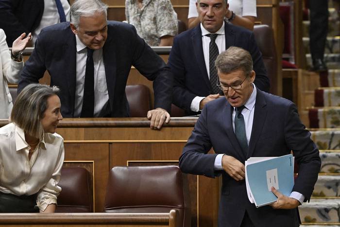 Alberto Núñez Feijóo, al retirarse del Congreso de los Diputados, en Madrid. · Foto: Javier Soriano, AFP