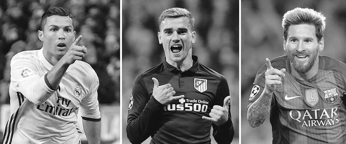 Cristiano Ronaldo, Antoine Griezmann y Lionel Messi. Fotos: Gérard Julien, Lukas Barth y Lluis Gene / AFP