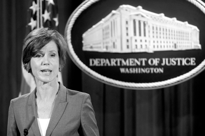 Sally Yates, Fiscal General, durante una conferencia de prensa en el Departamento de Justicia en Washington. Foto: AFP (archivo, junio de 2016)