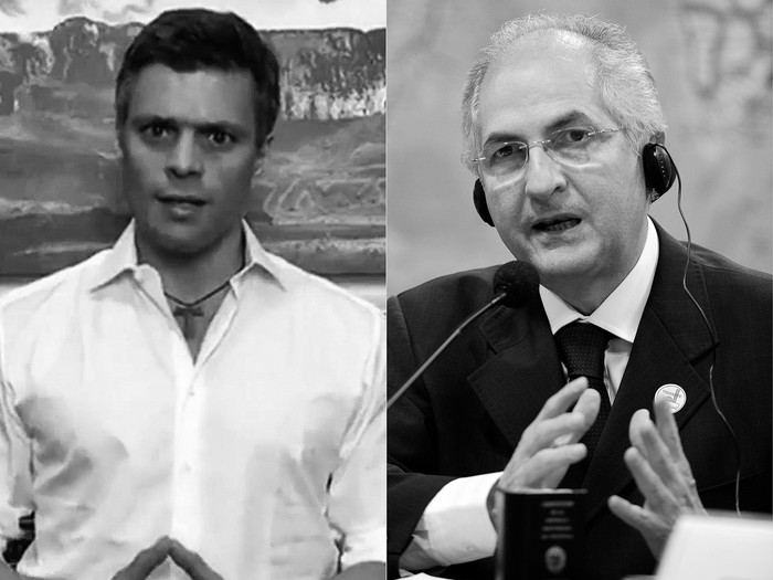 Leopoldo López (I) desde su casa en Caracas (archivo, julio 2017), y Antonio Ledezma durante una conferencia en Brasilia (archivo, octubre de 2009). Fotos: Leopoldo López y Evaristo Sa /AFP