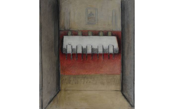 Linda Kohen (Uruguay, 1924), 10 comensales, 2007, óleo sobre tela. Museo Maca.