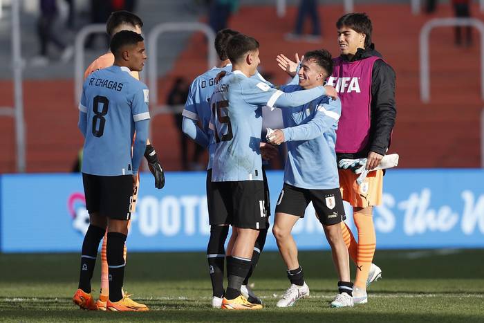 Los jugadores de Uruguay al final del partido con Túnez, en el estadio Malvinas Argentinas en Mendoza. · Foto: Marcelo Ruiz, EFE