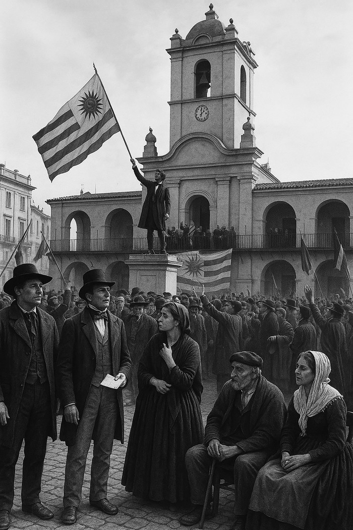 Imagen sintética creada en Sora en respuesta al texto: “Fotografía de la Jura de la constitución en Uruguay, 1830, basada en la obra de Juan Manuel Blanes y de Besnes e Irigoyen, con el estilo del fotógrafo Henri Cartier-Bresson”. Imagen sintética creada en Sora en respuesta al texto: “Fotografía de la Jura de la constitución en Uruguay, 1830, basada en la obra de Juan Manuel Blanes y de Besnes e Irigoyen, con el estilo del fotógrafo Henri Cartier-Bresson”.