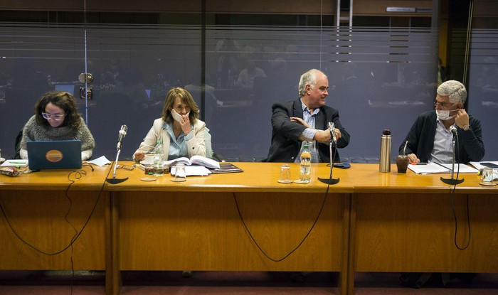 Carmen Sanguinetti, Carmen Asain, Gustavo Penadés y Rodrigo Goñi, en la Comisión de Presupuesto en el Anexo del Palacio Legislativo (archivo, setiembre de 2020). · Foto: .