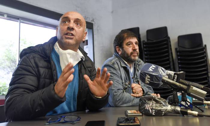 Marcelo Abdala y Fernando Pereira, en conferencia de prensa en SUTE (archivo, abril de 2020). · Foto: Federico Gutiérrez