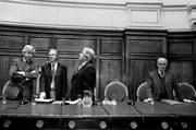 Danilo Astori, César Basso, Luis Alberto Lacalle y Helios Sarthou antes del comienzo del debate sobre la Universidad, ayer en el Paraninfo