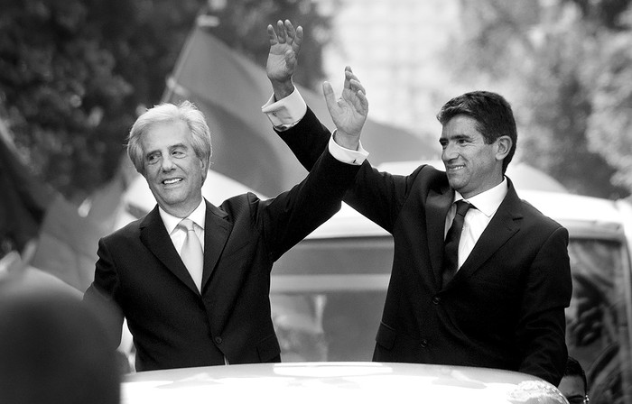Tabaré Vázquez y Raúl Sendic, durante la ceremonia de cambio de mando. Foto: Pablo Vignali (archivo, marzo de 2015)