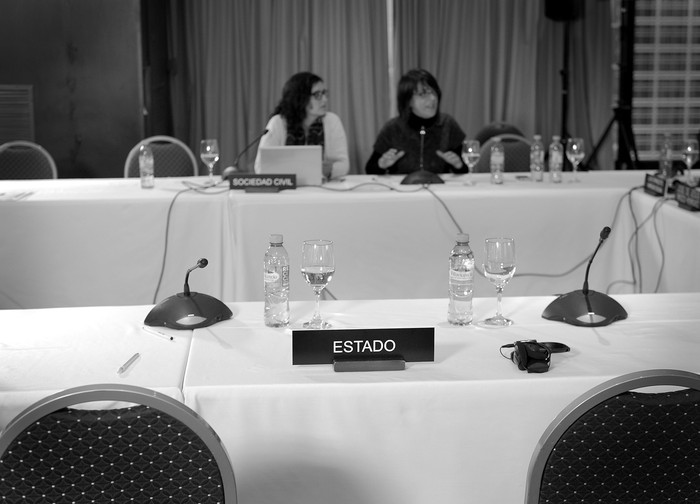 Tania da Rosa y Marina Morelli, durante una audiencia ante la CIDH en Buenos Aires. Foto: Pablo Vignali (archivo, mayo de 2017)