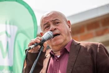 Jorge Meroni, durante la entrega de viviendas en los barrios Parque Cauceglia, Nuevo Cauceglia y Villa Libre, en Montevideo (archivo, setiembre de 2021). · Foto: Mauricio Zina, adhocfotos