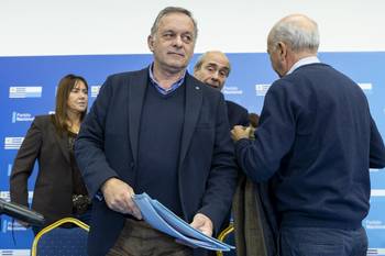 María de Lima, Álvaro Delgado, Pablo Abdala y Javier García, el 28 de setiembre, en la sede del Partido Nacional. · Foto: Rodrigo Viera Amaral