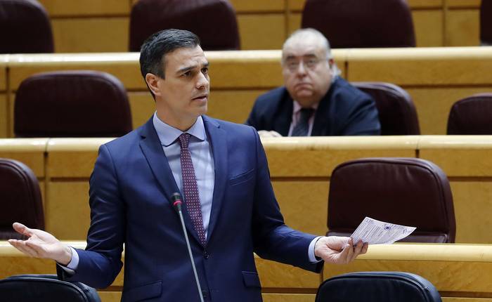Pedro Sánchez, durante la sesión del Senado, ayer, en Madrid.
 · Foto: Andrés Ballesteros, AFP