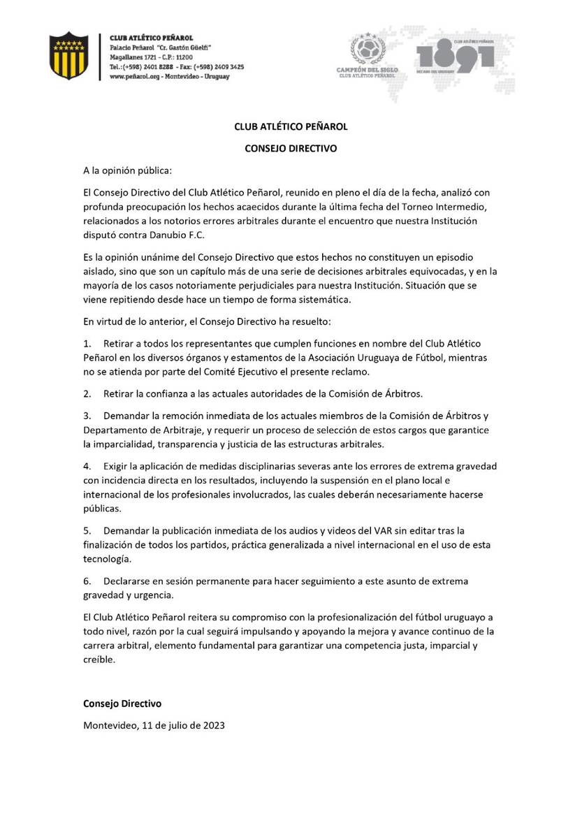 Comunicado del club Peñarol