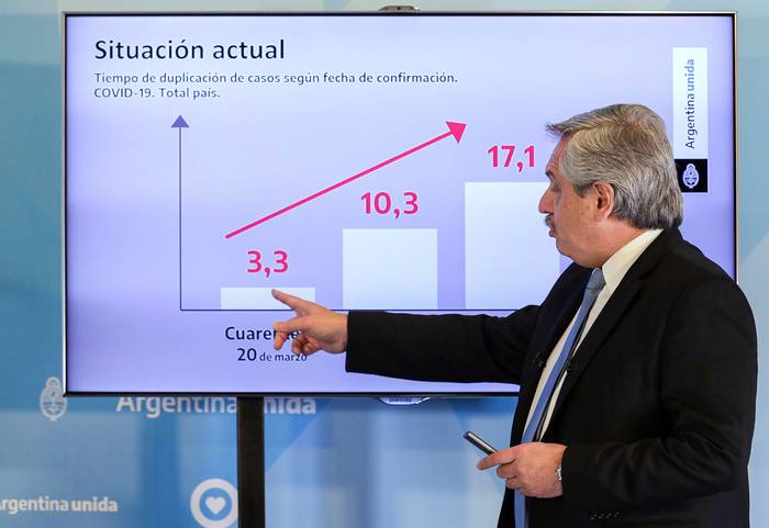 Alberto Fernández anuncia la extensión del bloqueo preventivo y obligatorio hasta el 10 de mayo, este sábado, en la residencia presidencial de Olivos. · Foto: Presidencia argentina / AFP