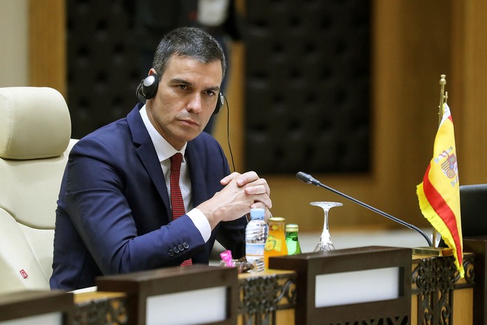 Pedro Sánchez, jefe de gobierno español, el 30 de junio de 2020, en Nouakchott, Mauritania. 
 · Foto: Ludovic Marin, AFP