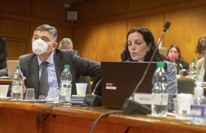 Isaac Alfie y Azucena Arbeleche, este lunes, en la comisión de Presupuesto. · Foto: Alessandro Maradei