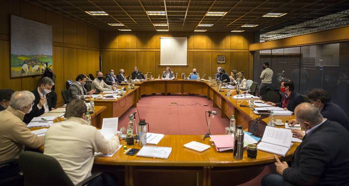 Legisladores oficialistas reunidos por Presupuesto, este lunes, en el Anexo del Palacio Legislativo. · Foto: .